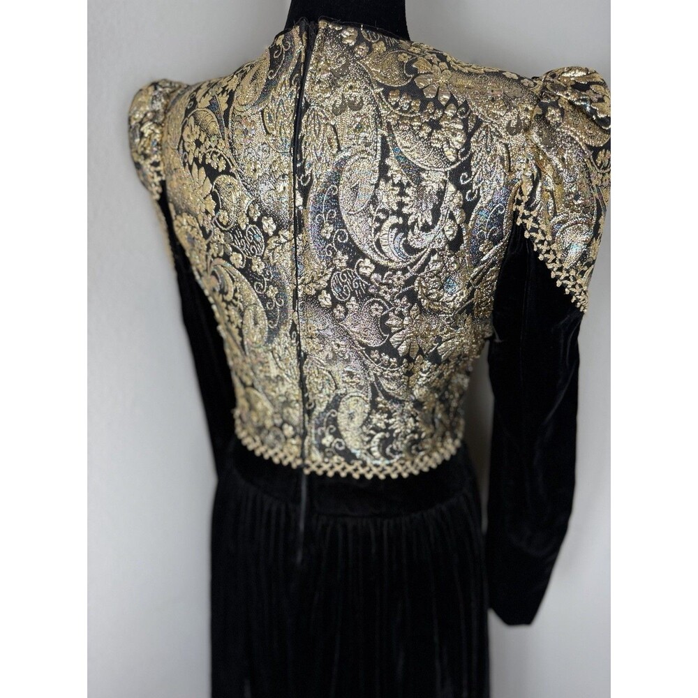 Jessica McClintock Vintage Black Velvet Gold Brocade Dress 12 Prairie Victorian - Picture 4 of 16